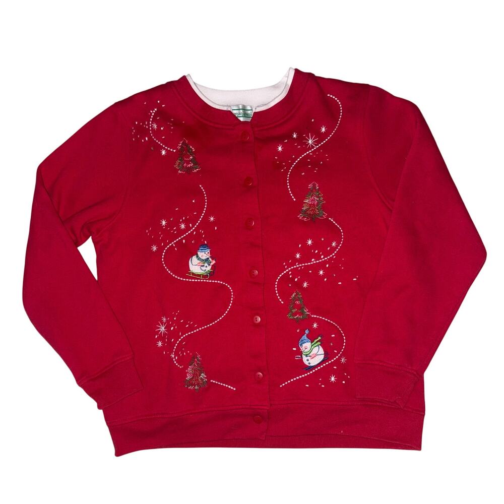 Vtg Shenanigans Cardigan Womens medium red holiday embroidered Christmas sweater
